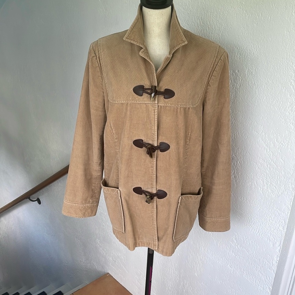 Leslie Fay Womens Vintage Tan Utility Jacket with Toggle Closures Large